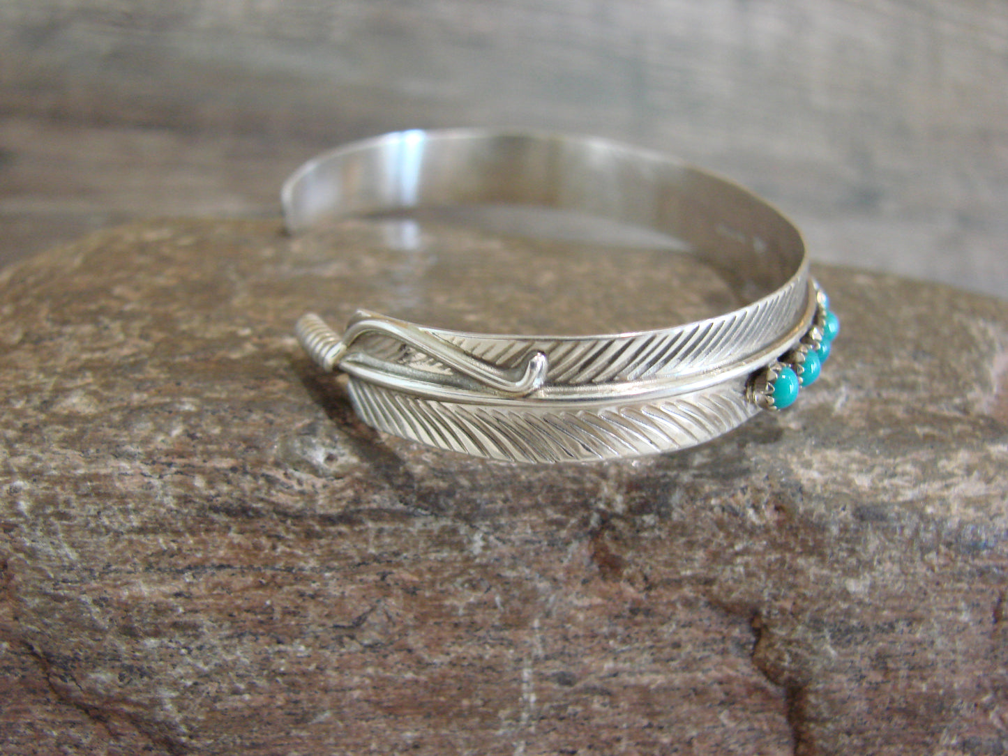 Native American Sterling Silver & Turquoise Row Feather Bracelet by Davis