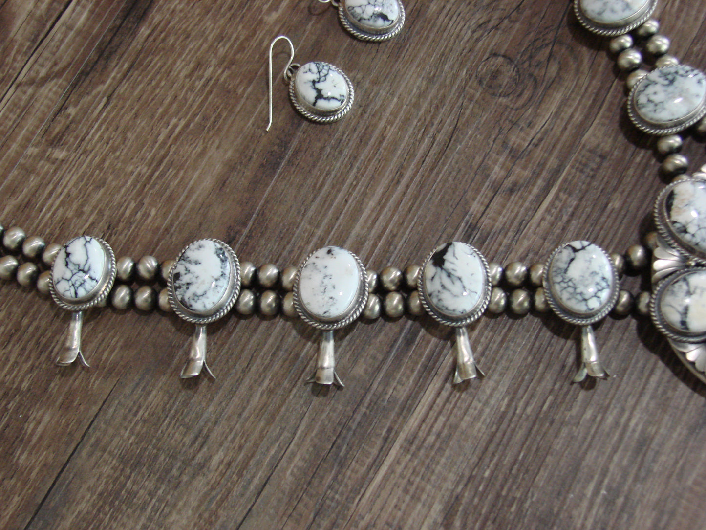 Native American Sterling Silver & White Buffalo Turquoise Squash Blossom Set by Francisco
