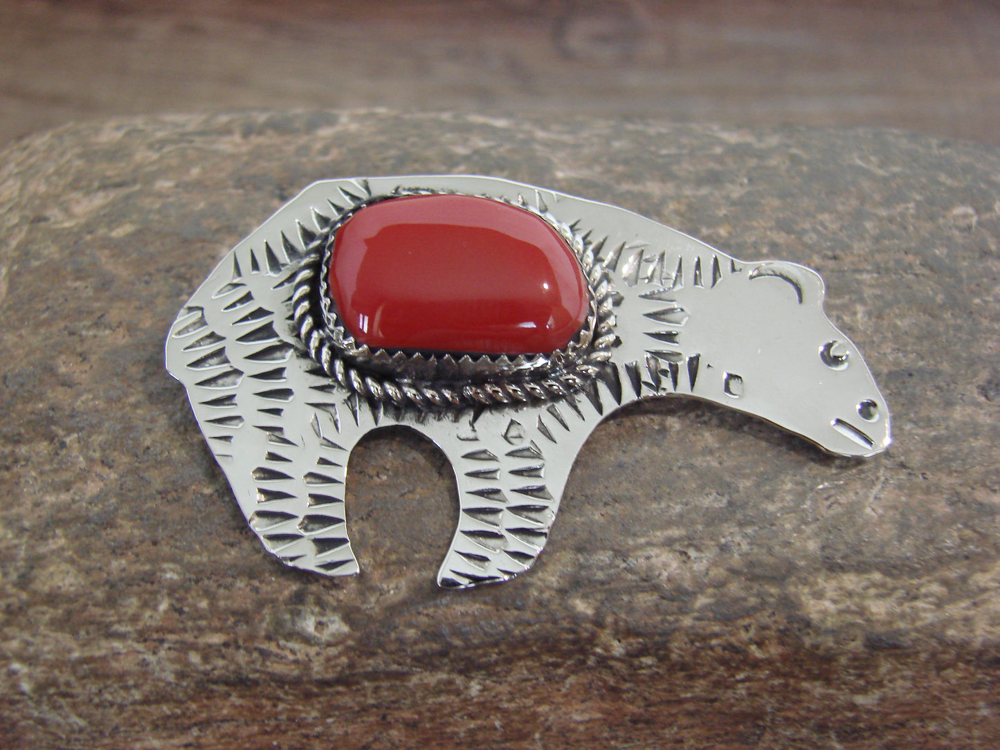 Native American Nickel Silver & Coral Bear Pendant - Cleveland