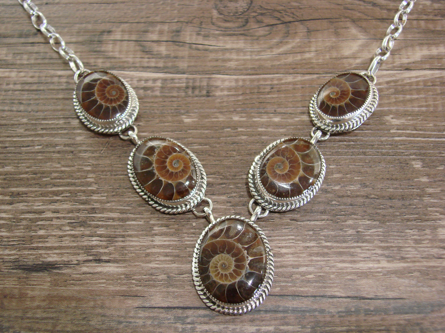 Native American 23" Sterling Silver & Moroccan Ammonite Link Necklace by Johnson