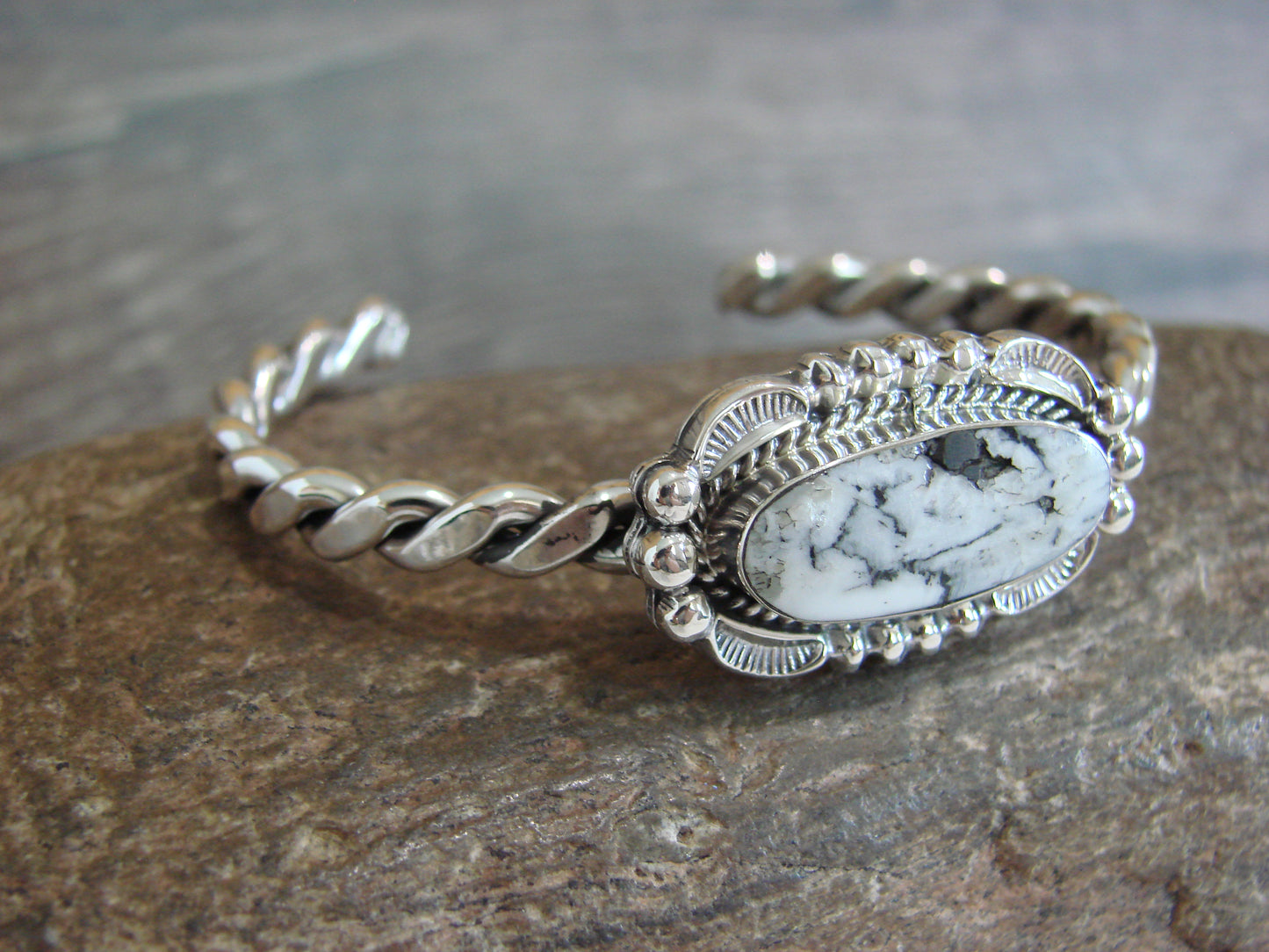 Native American Sterling Silver White Buffalo Turquoise Bracelet by Silversmith