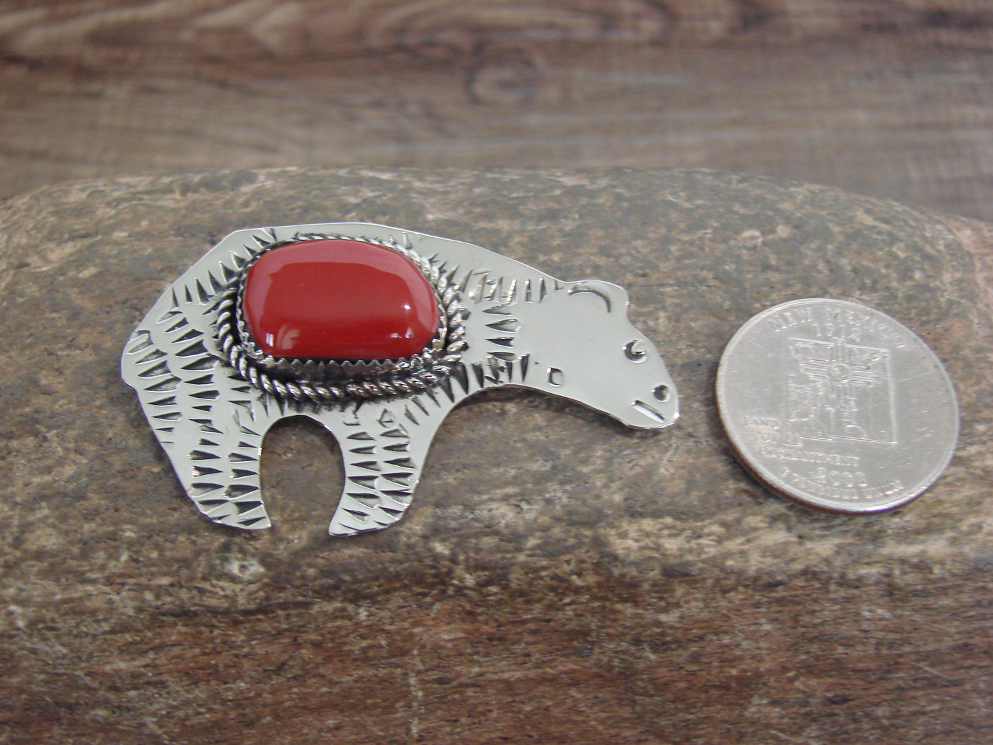 Native American Nickel Silver & Coral Bear Pendant - Cleveland