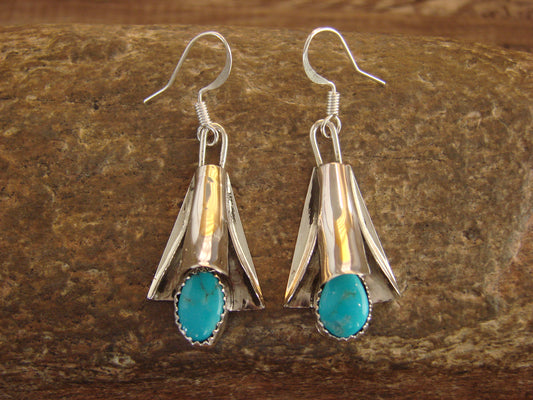 Native American Sterling Silver Turquoise Squash Blossom Dangle Earrings - L. Yazzie