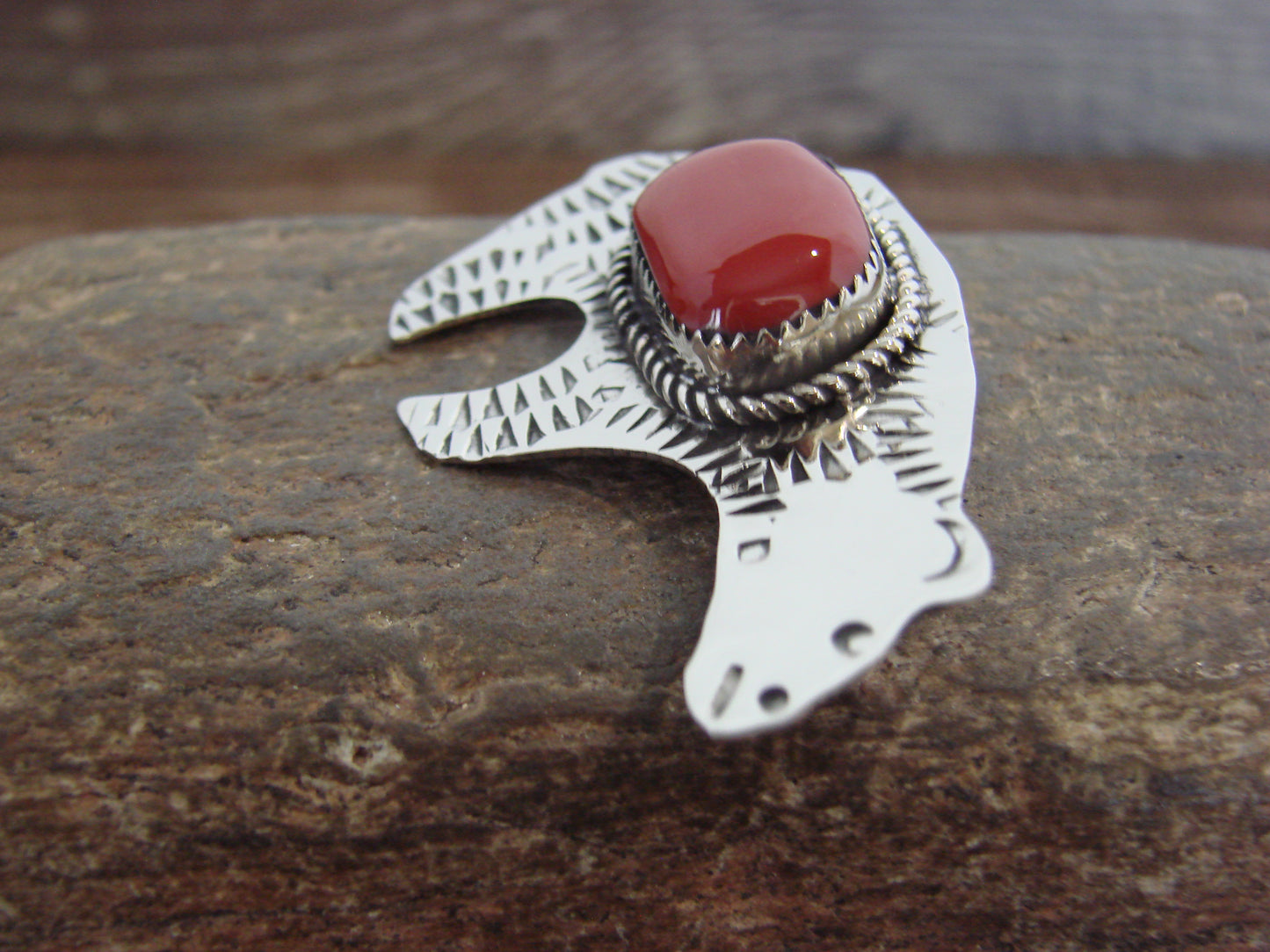 Native American Nickel Silver & Coral Bear Pendant - Cleveland