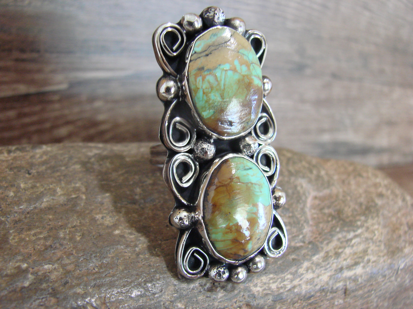 Native American Nickel Silver & Turquoise Adjustable Ring by Cleveland - Size 8 - 10