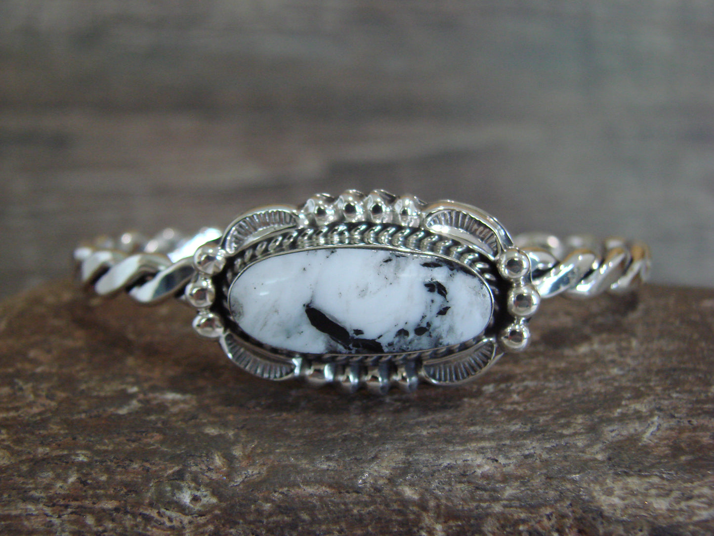 Native American Sterling Silver White Buffalo Turquoise Bracelet by Silversmith