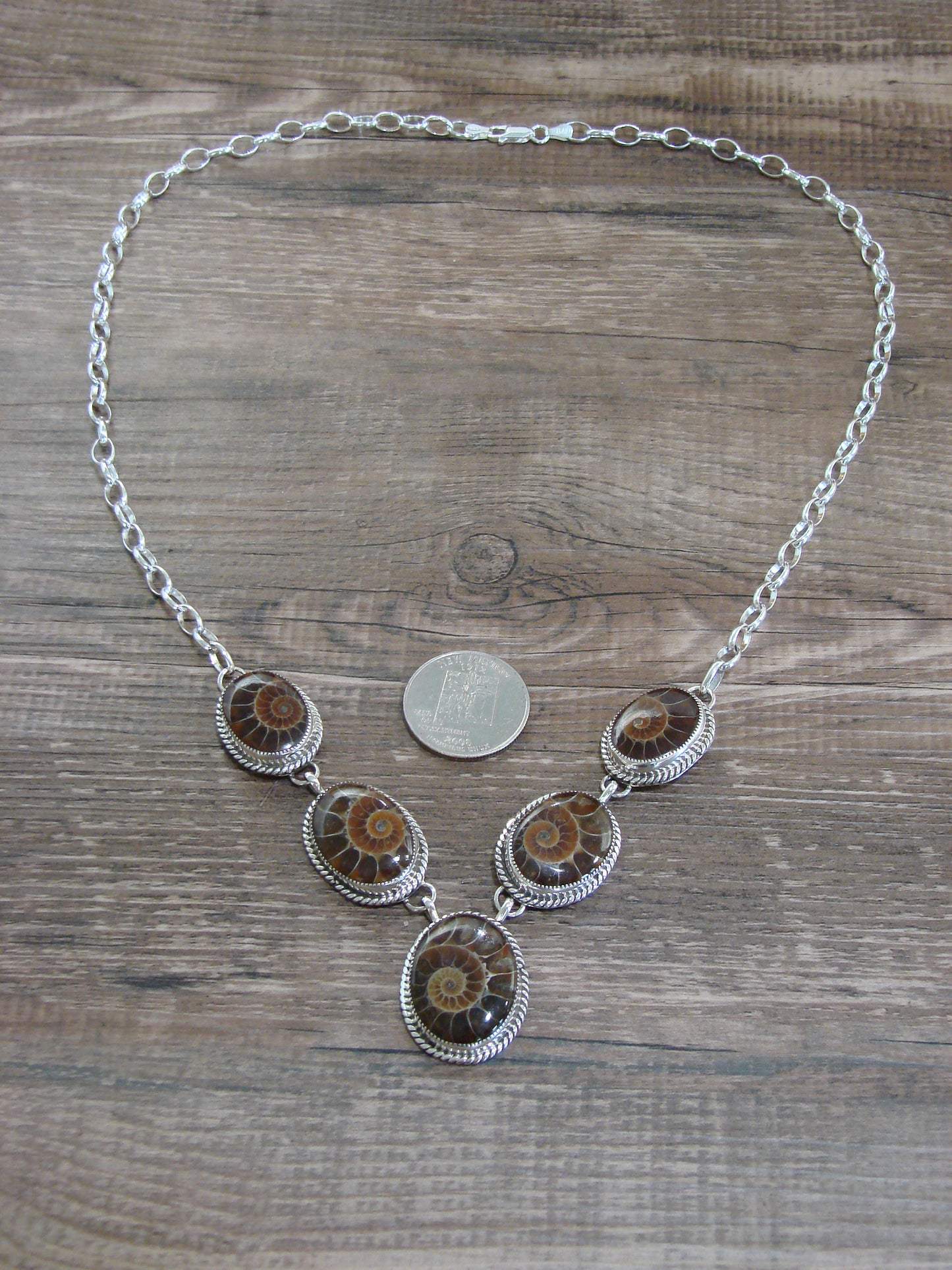 Native American 23" Sterling Silver & Moroccan Ammonite Link Necklace by Johnson