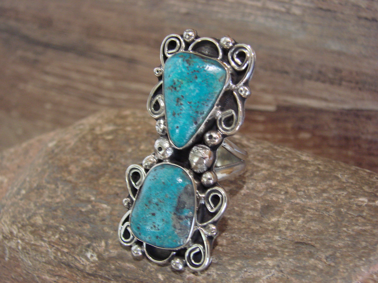 Native American Nickel Silver & Turquoise Ring by Cleveland - Size 9