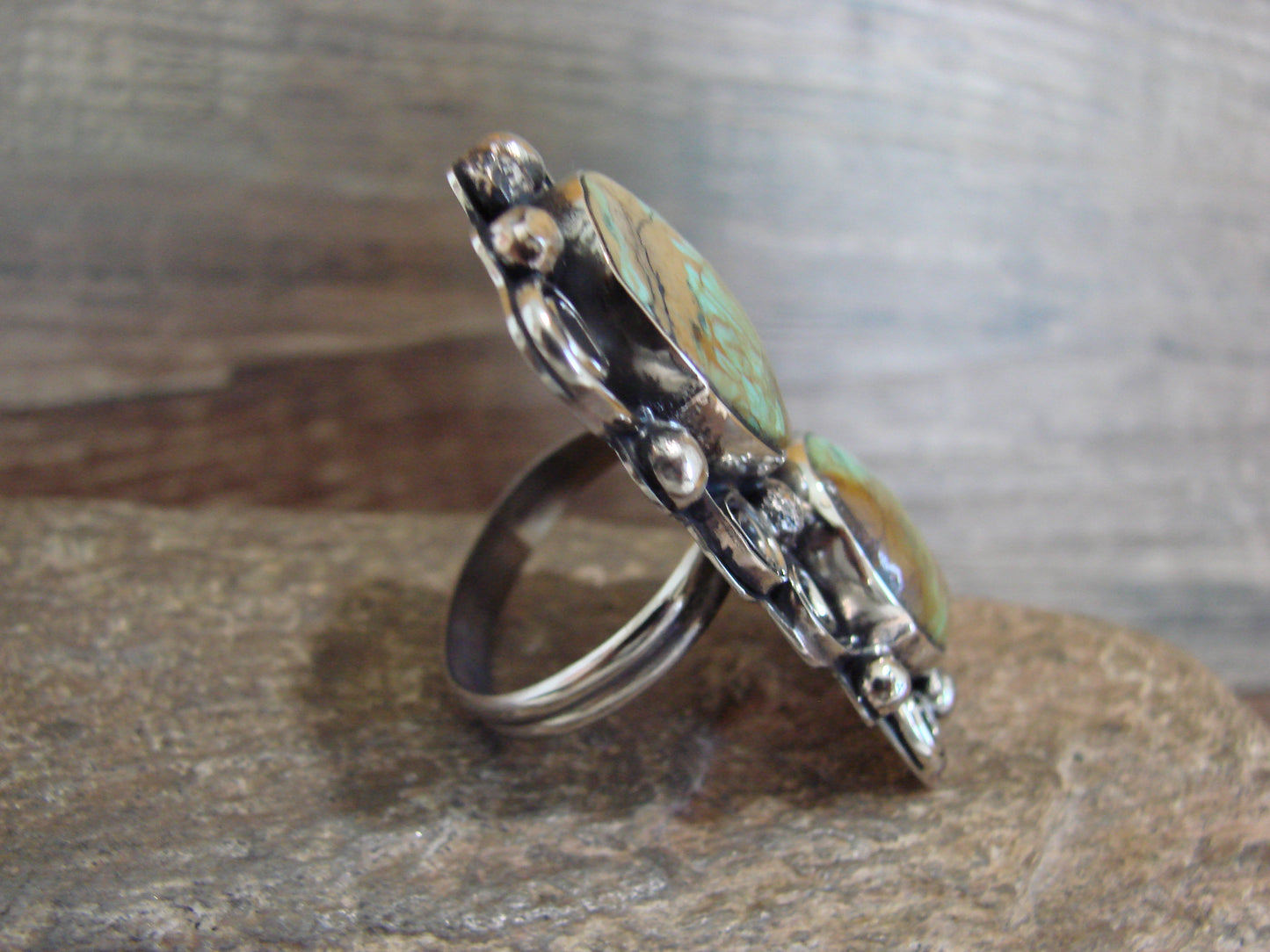 Native American Nickel Silver & Turquoise Adjustable Ring by Cleveland - Size 8 - 10