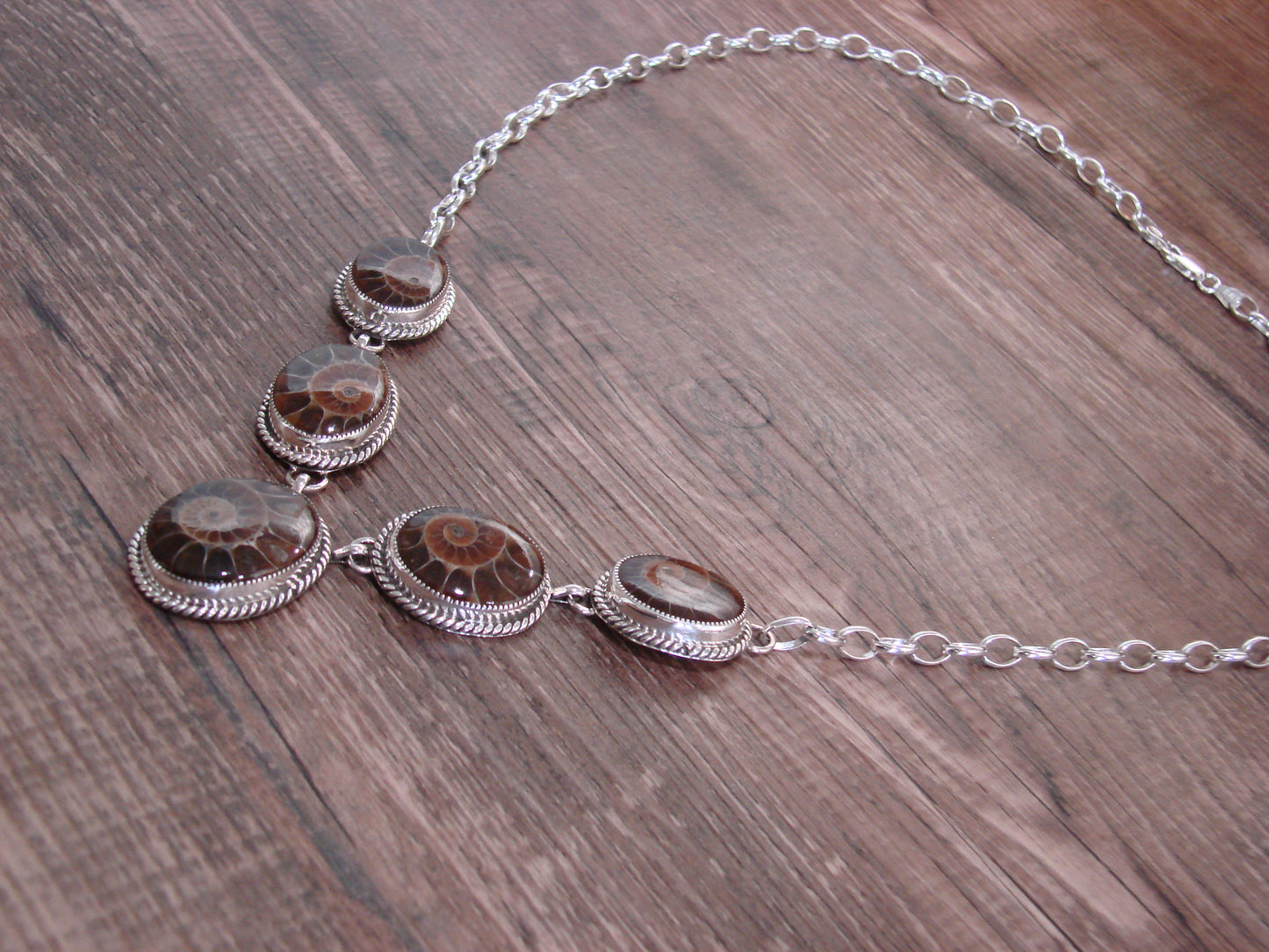 Native American 23" Sterling Silver & Moroccan Ammonite Link Necklace by Johnson