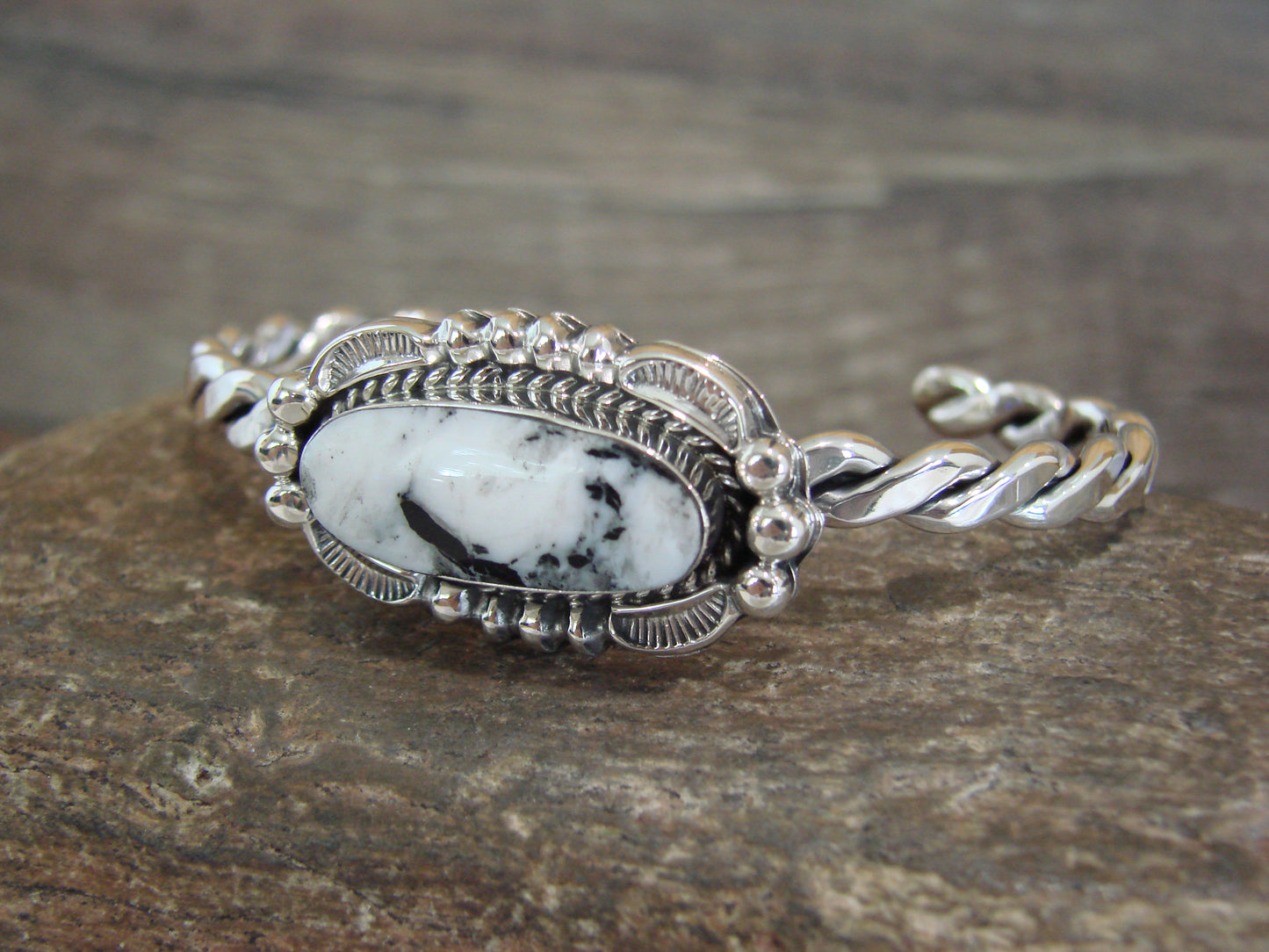 Native American Sterling Silver White Buffalo Turquoise Bracelet by Silversmith