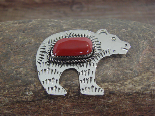 Native American Nickel Silver & Coral Bear Pendant - Cleveland