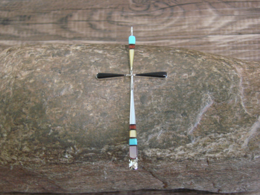 Native American Sterling Silver Multi Stone Inlay Cross Pendant by Noche
