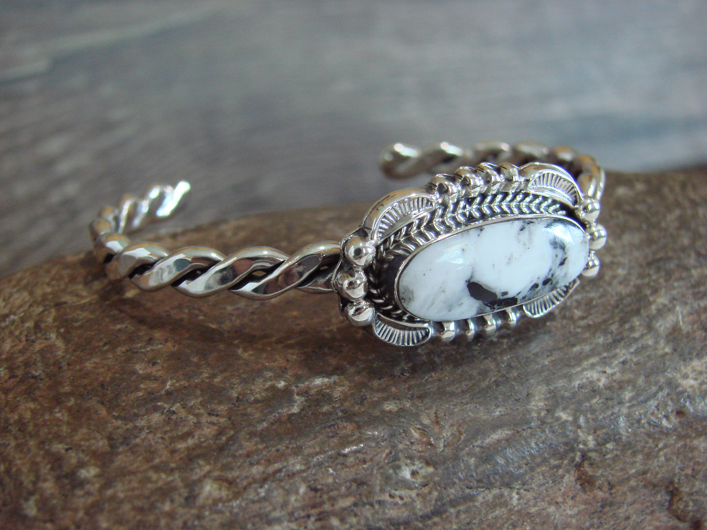 Native American Sterling Silver White Buffalo Turquoise Bracelet by Silversmith