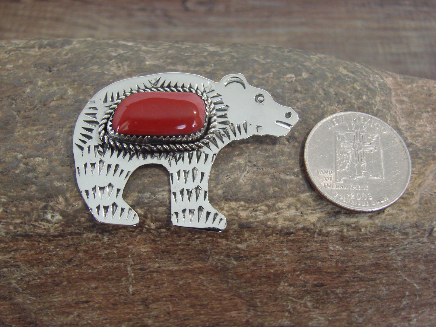 Native American Nickel Silver & Coral Bear Pendant - Cleveland