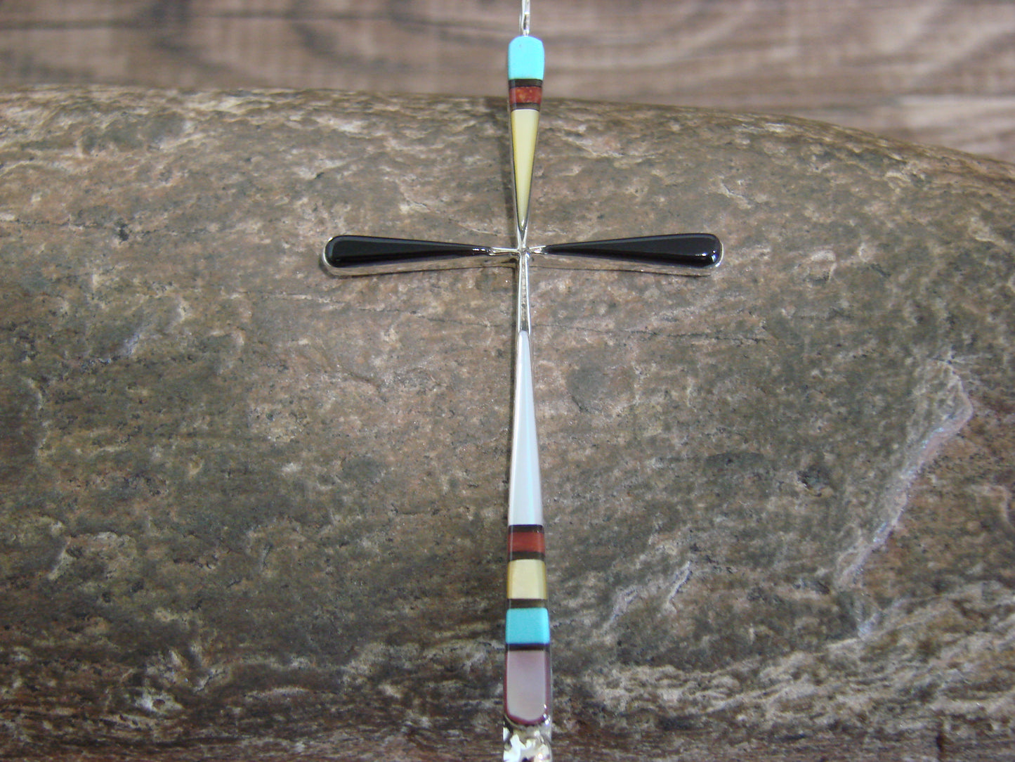 Native American Sterling Silver Multi Stone Inlay Cross Pendant by Noche