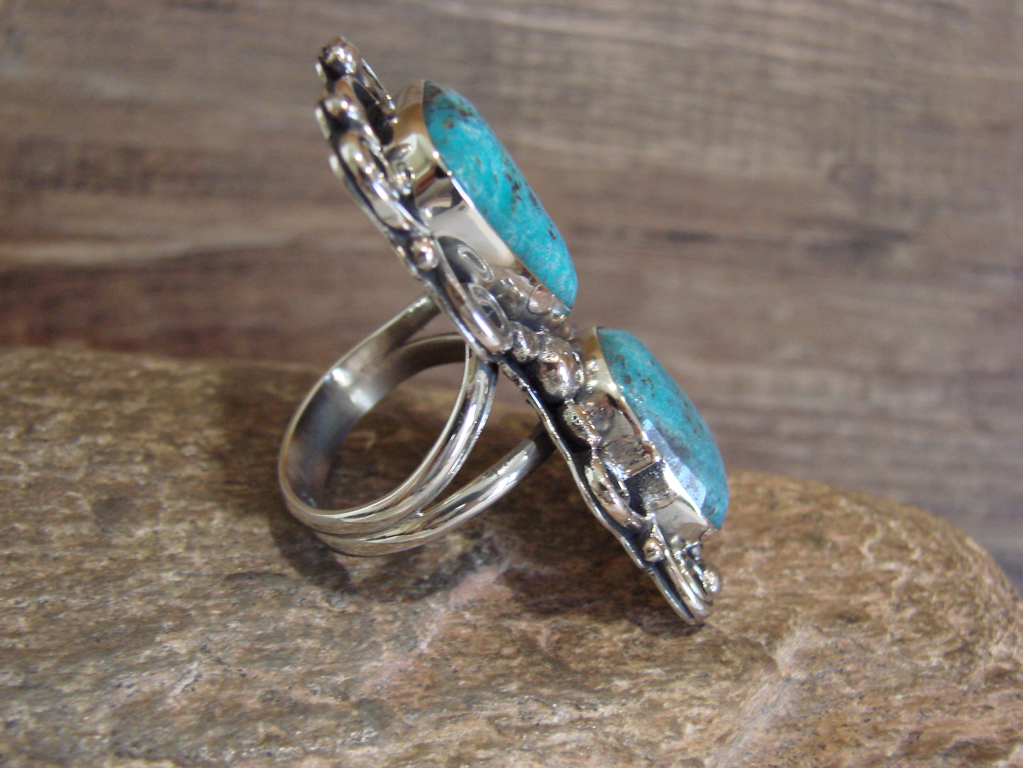 Native American Nickel Silver & Turquoise Ring by Cleveland - Size 9