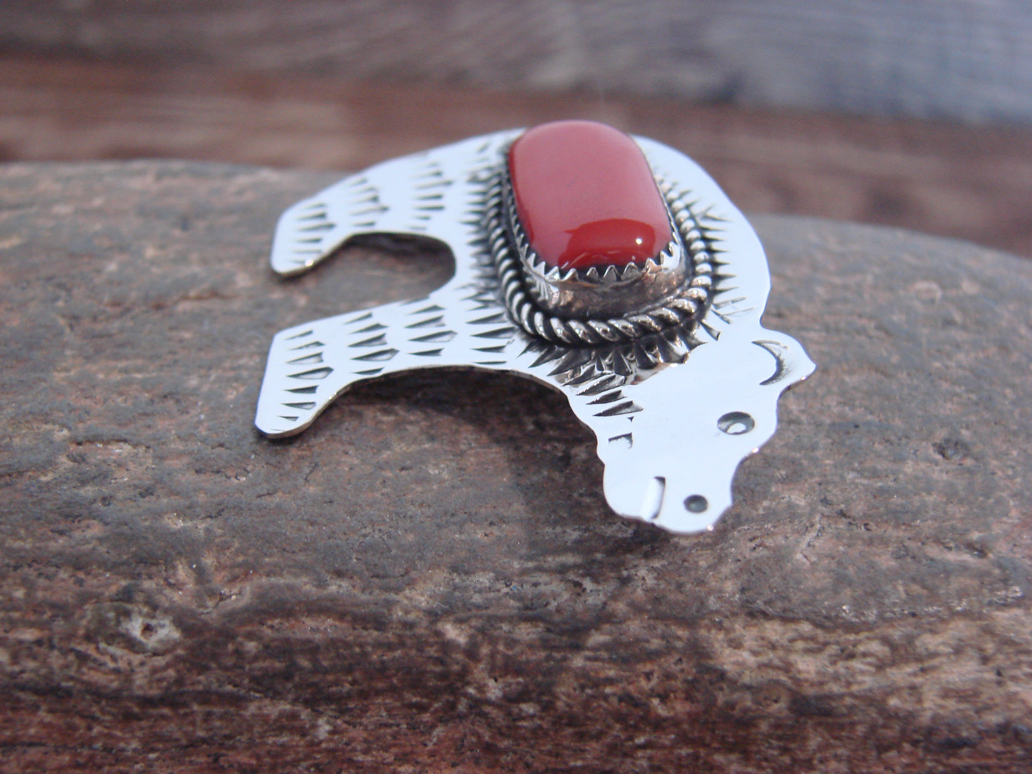 Native American Nickel Silver & Coral Bear Pendant - Cleveland