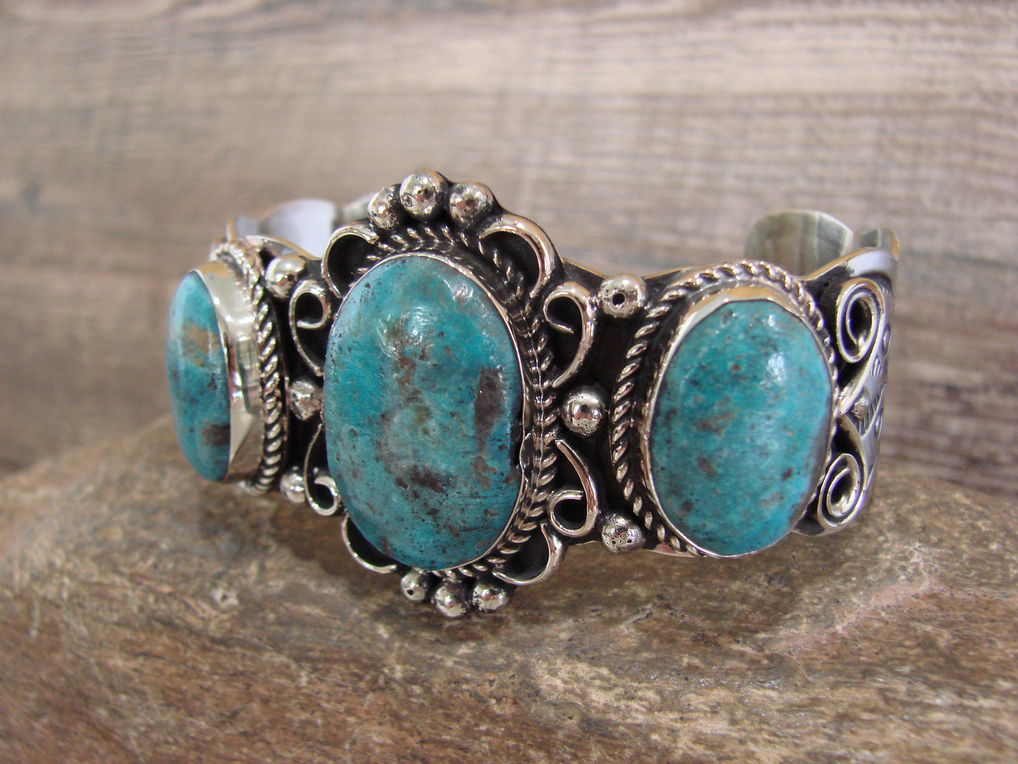 Native American Indian Nickel Silver & Turquoise Bracelet by Cleveland