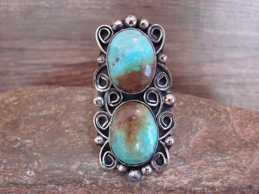 Native American Nickel Silver & Turquoise Adjustable Ring by Cleveland - Size 8 - 10