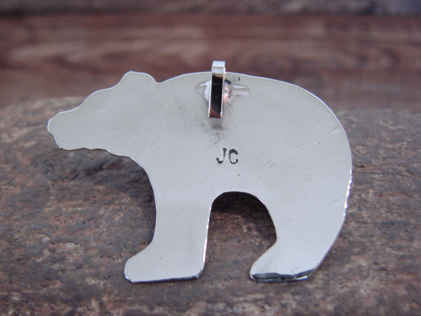 Native American Nickel Silver & Coral Bear Pendant - Cleveland