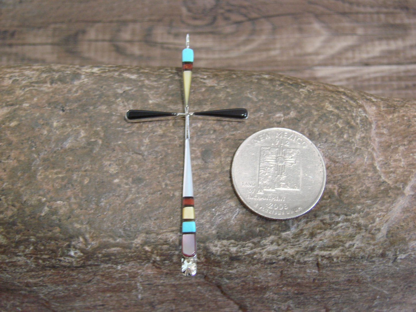 Native American Sterling Silver Multi Stone Inlay Cross Pendant by Noche
