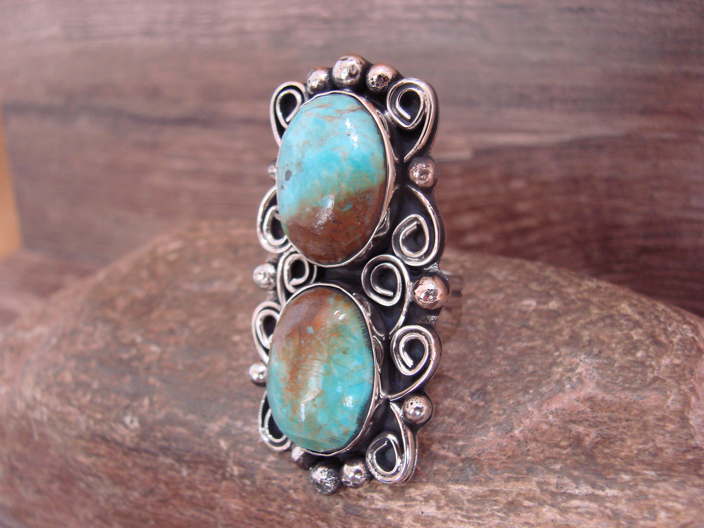 Native American Nickel Silver & Turquoise Adjustable Ring by Cleveland - Size 8 - 10
