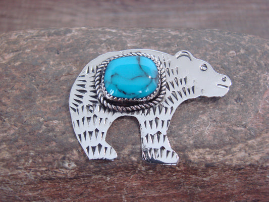 Native American Nickel Silver & Turquoise Bear Pendant - Cleveland
