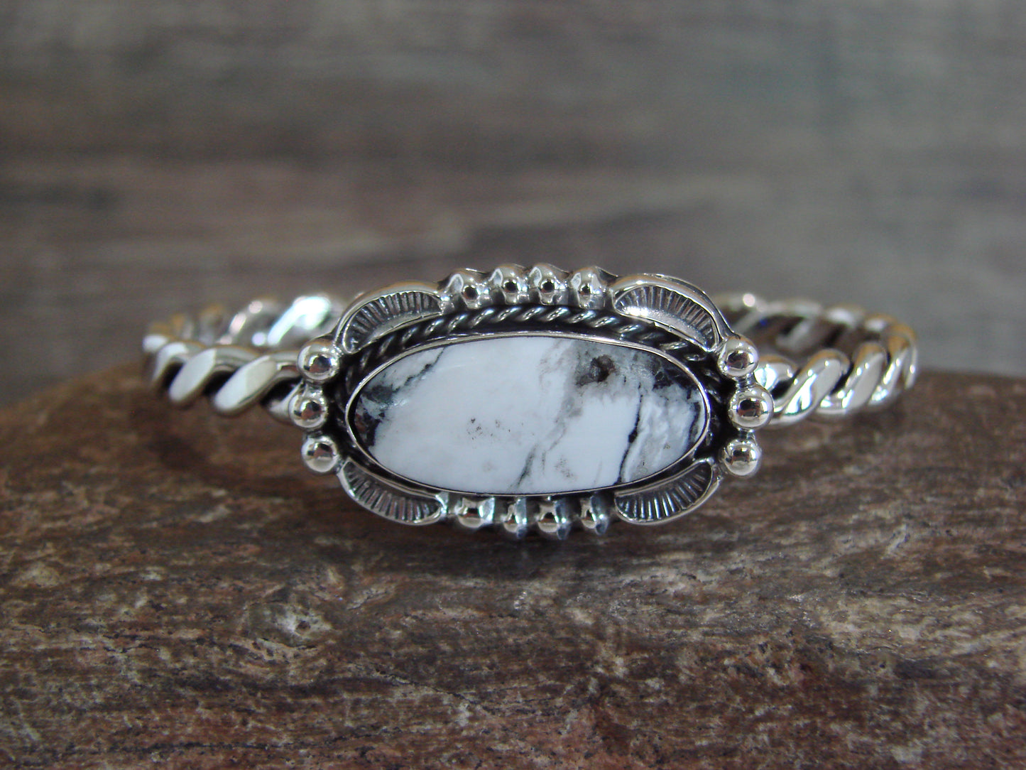 Native American Sterling Silver White Buffalo Turquoise Bracelet by Silversmith