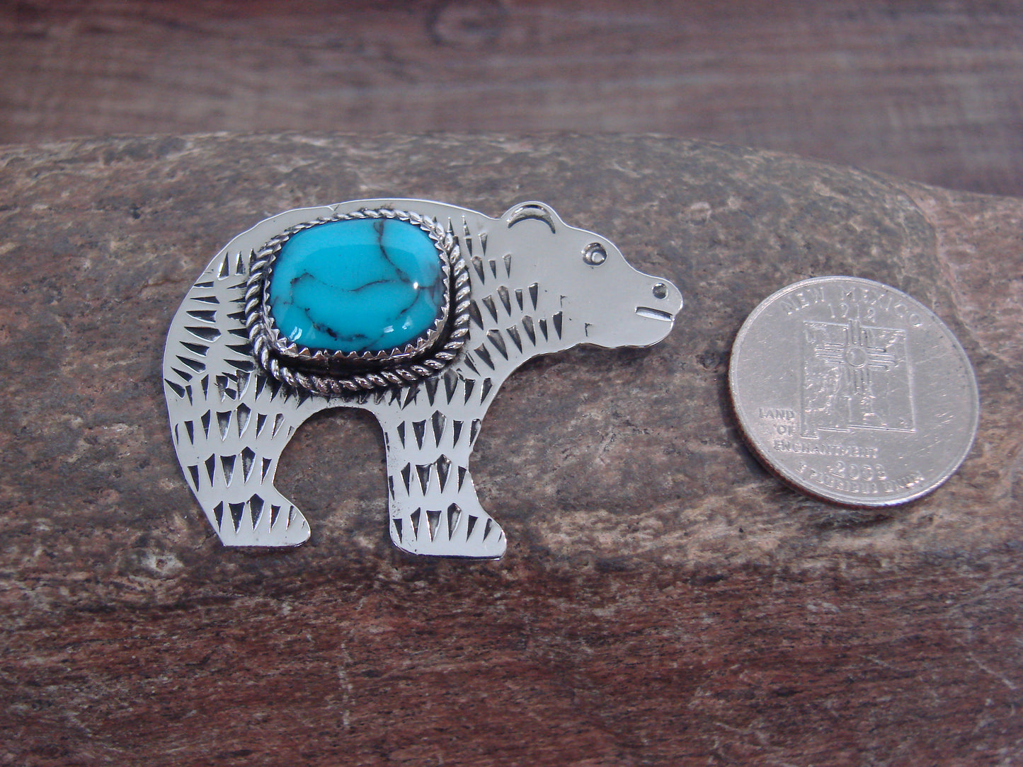 Native American Nickel Silver & Turquoise Bear Pendant - Cleveland