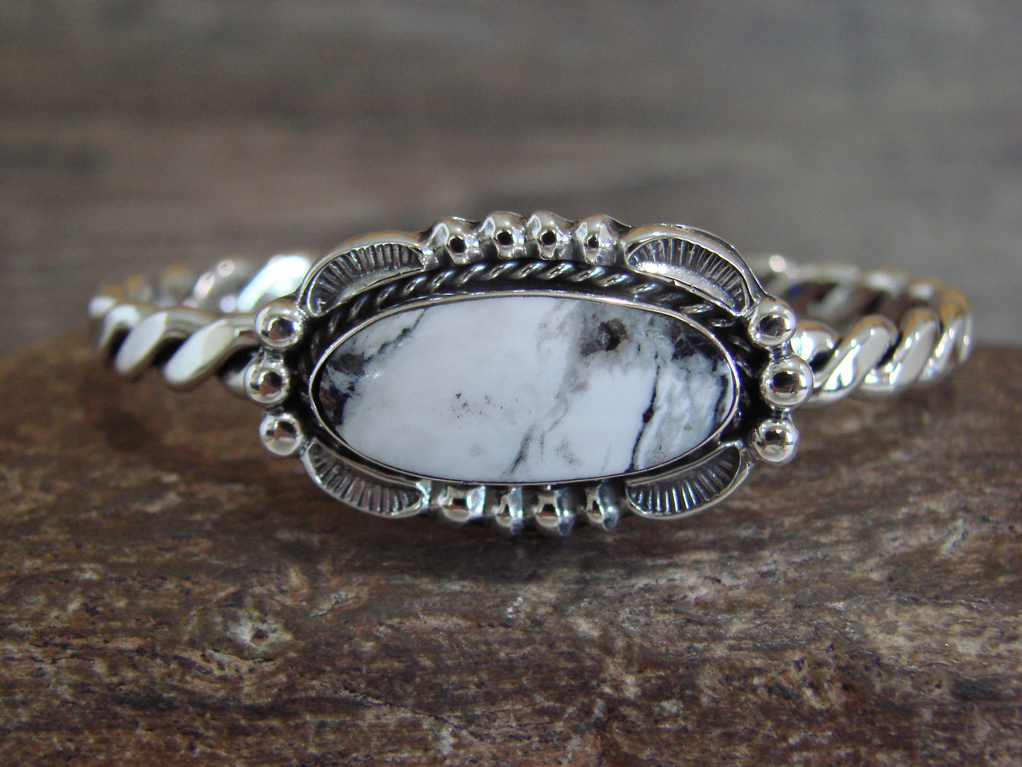 Native American Sterling Silver White Buffalo Turquoise Bracelet by Silversmith