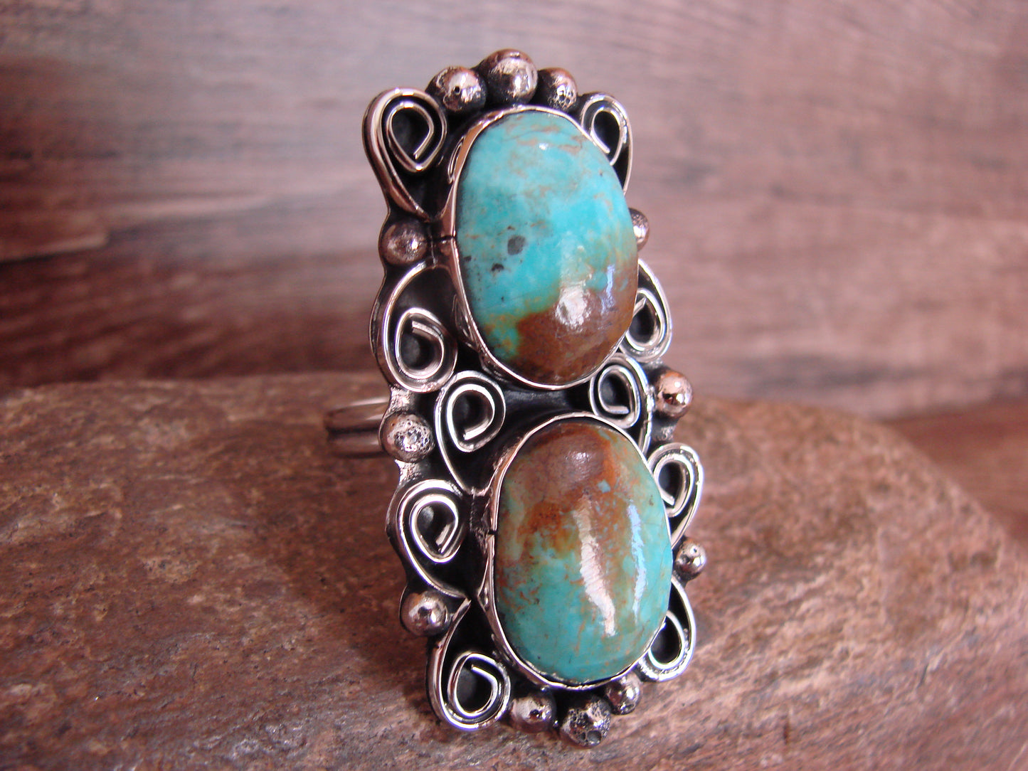 Native American Nickel Silver & Turquoise Adjustable Ring by Cleveland - Size 8 - 10