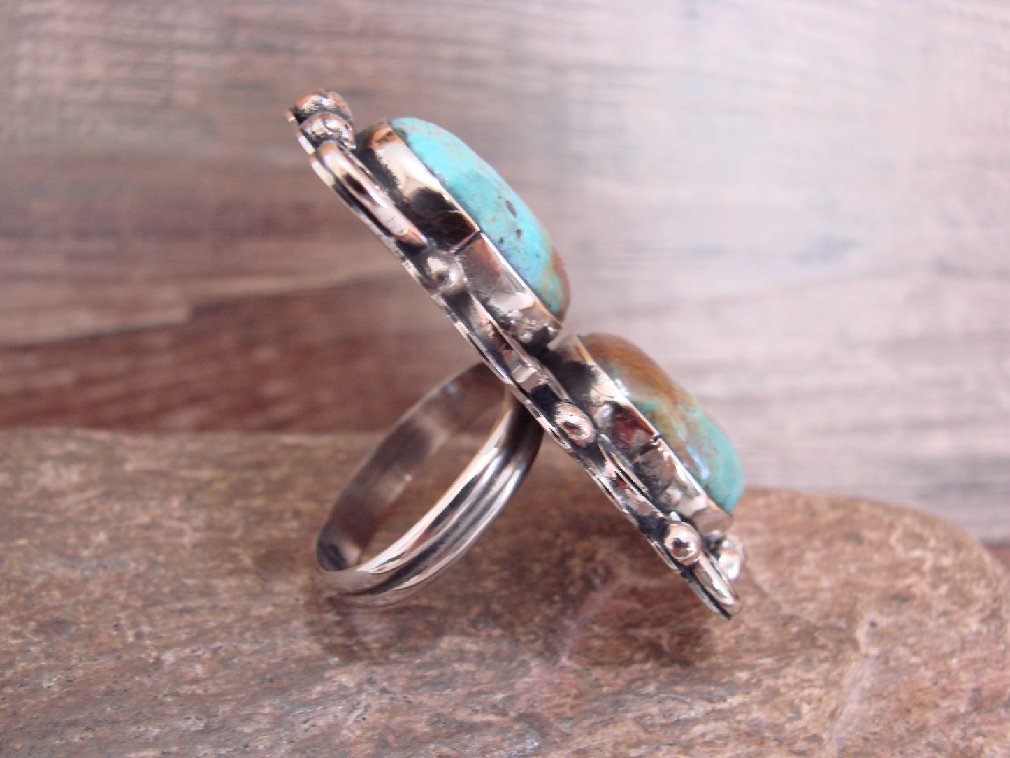 Native American Nickel Silver & Turquoise Adjustable Ring by Cleveland - Size 8 - 10