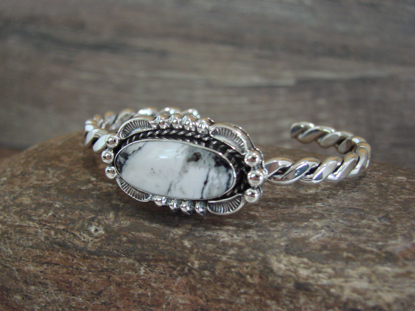 Native American Sterling Silver White Buffalo Turquoise Bracelet by Silversmith