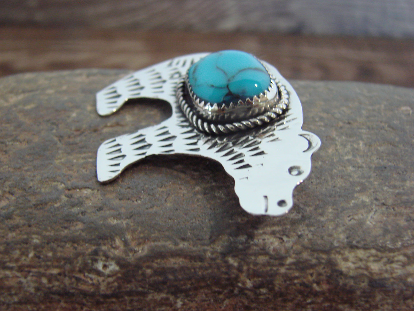 Native American Nickel Silver & Turquoise Bear Pendant - Cleveland