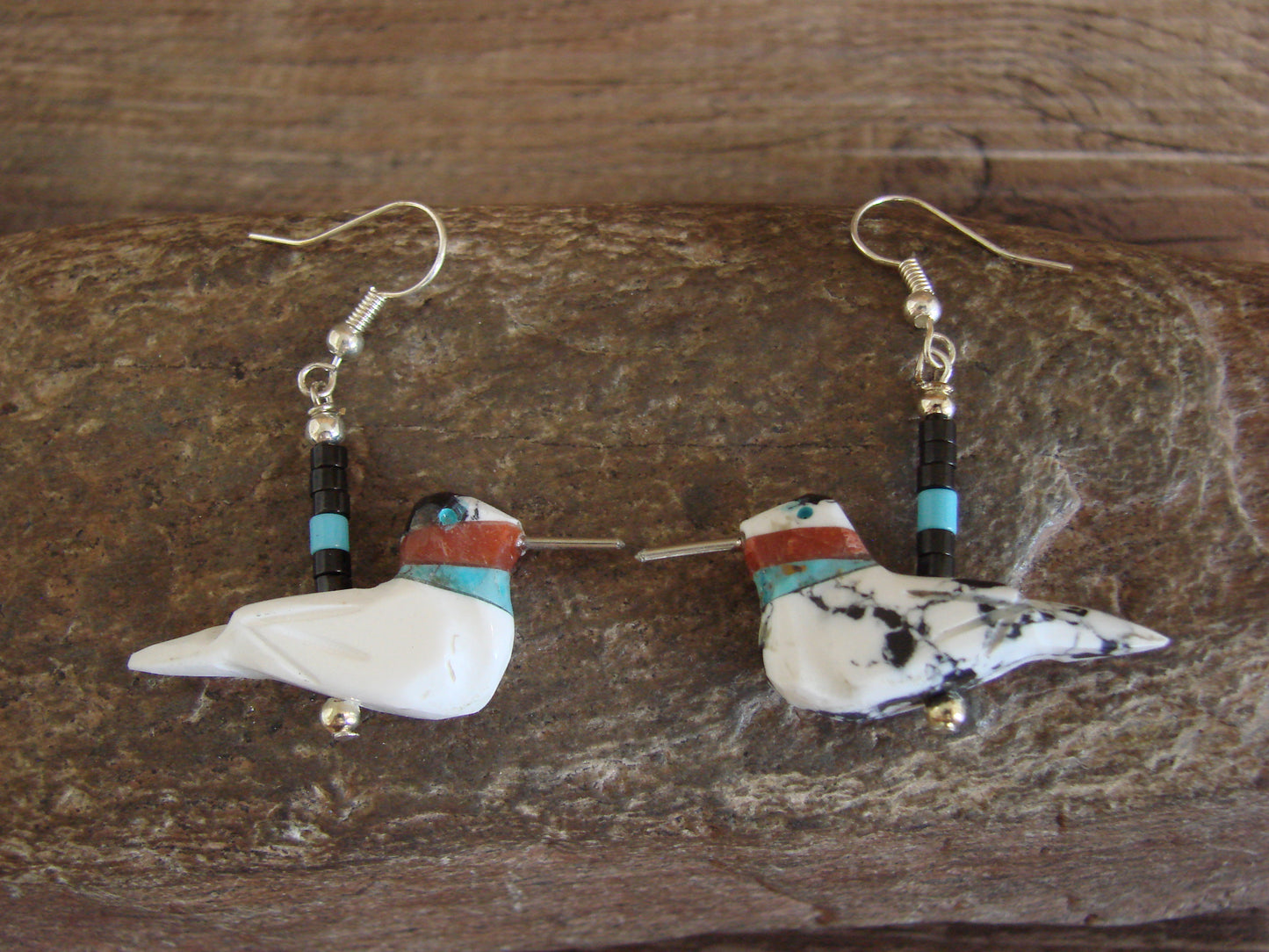 Hand Carved White Buffalo Turquoise Hummingbird Fetish Earrings by Mitchell