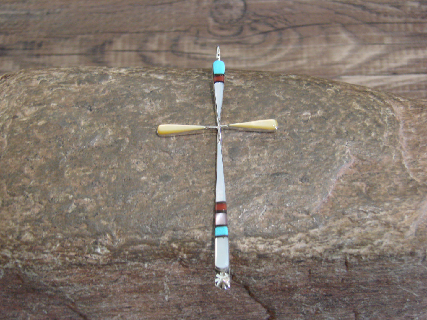 Native American Sterling Silver Multi Stone Inlay Cross Pendant by Noche