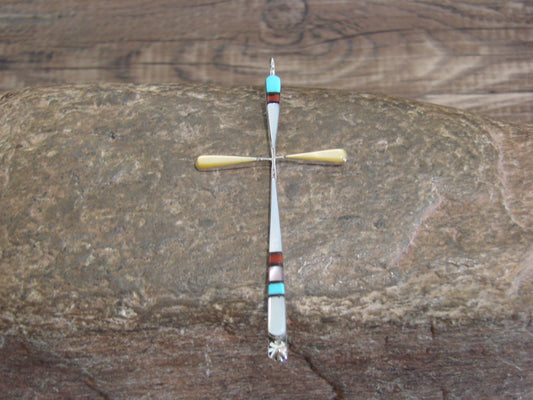 Native American Sterling Silver Multi Stone Inlay Cross Pendant by Noche