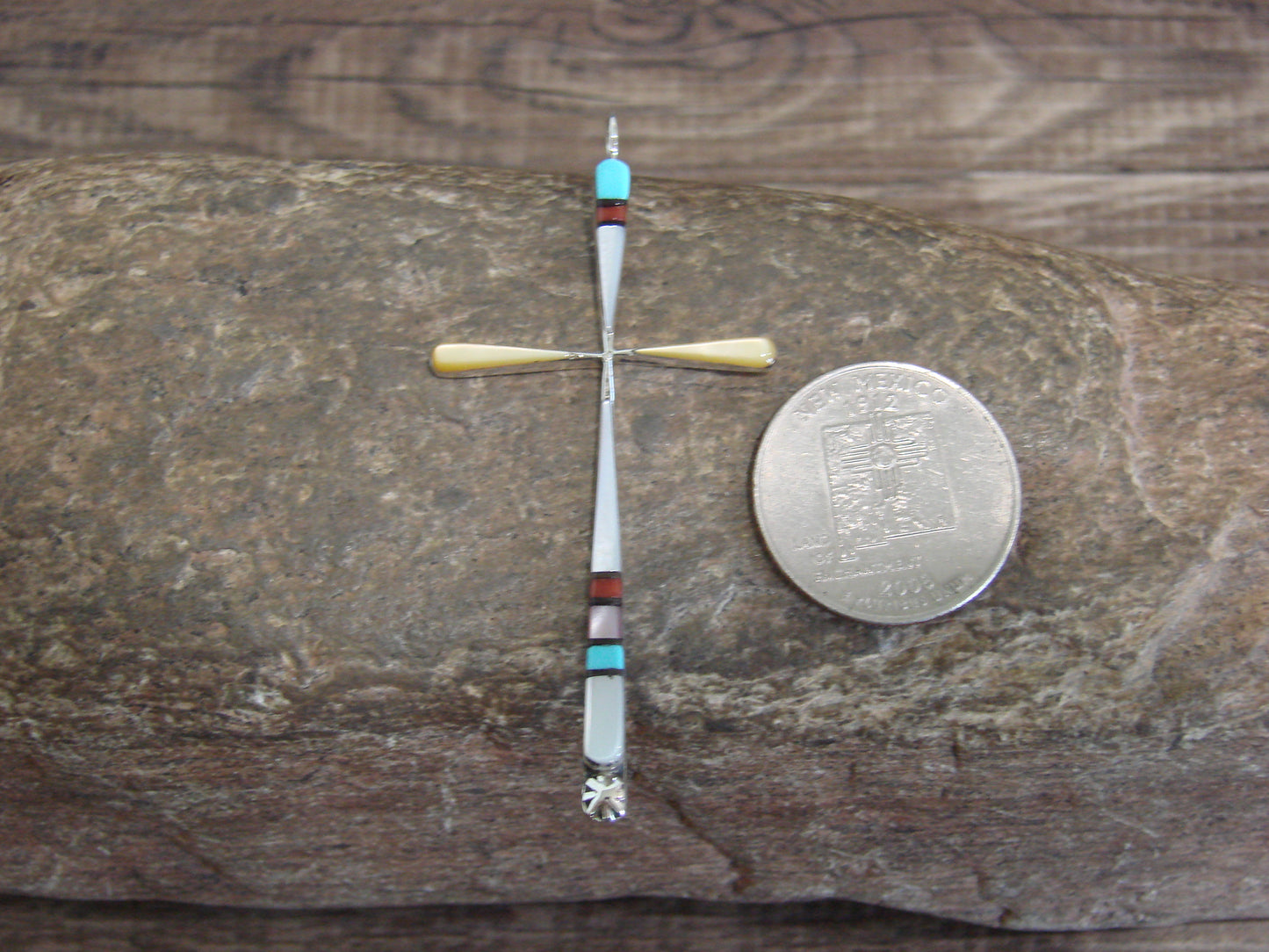 Native American Sterling Silver Multi Stone Inlay Cross Pendant by Noche