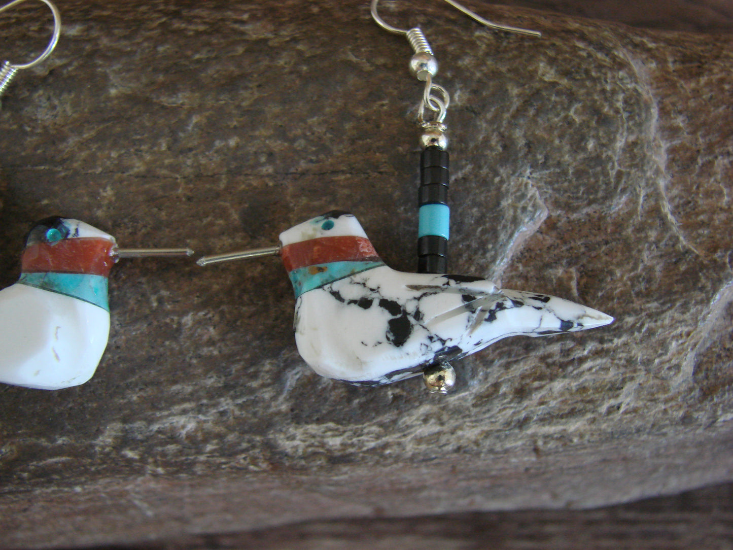 Hand Carved White Buffalo Turquoise Hummingbird Fetish Earrings by Mitchell