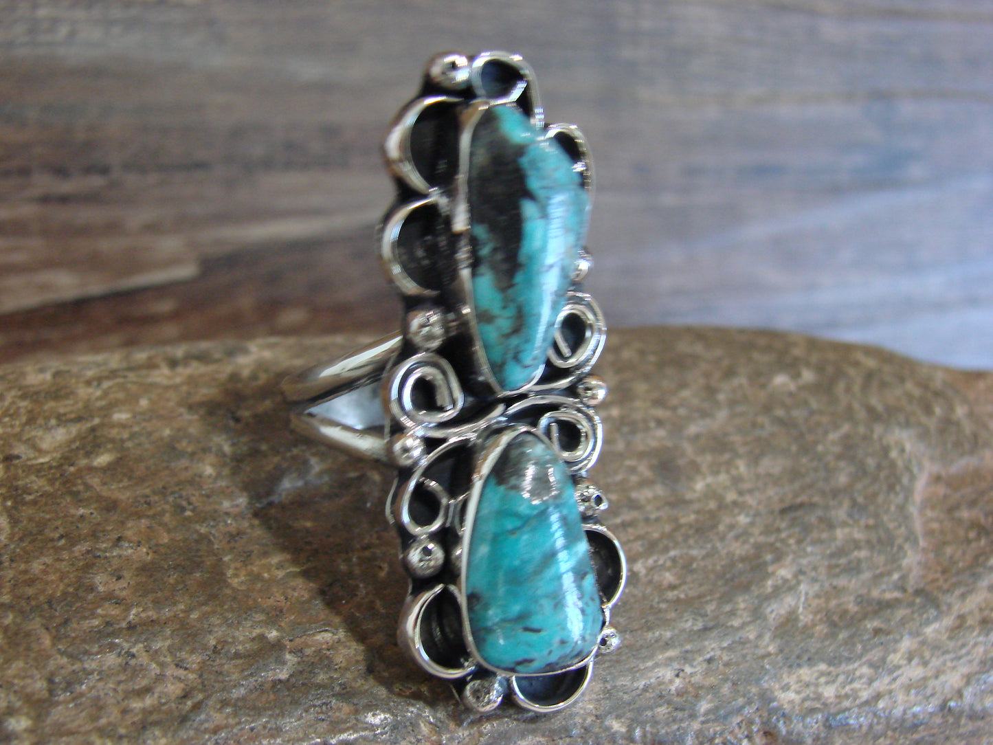 Native American Nickel Silver & Turquoise Ring by Cleveland - Size 11