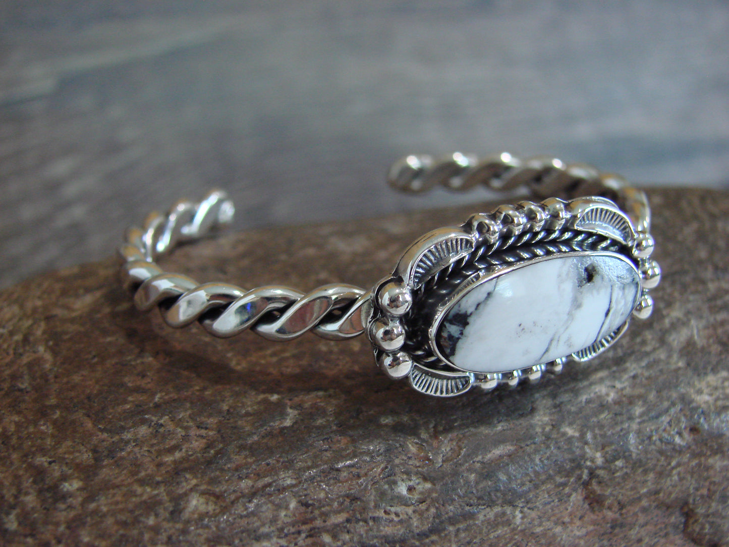Native American Sterling Silver White Buffalo Turquoise Bracelet by Silversmith