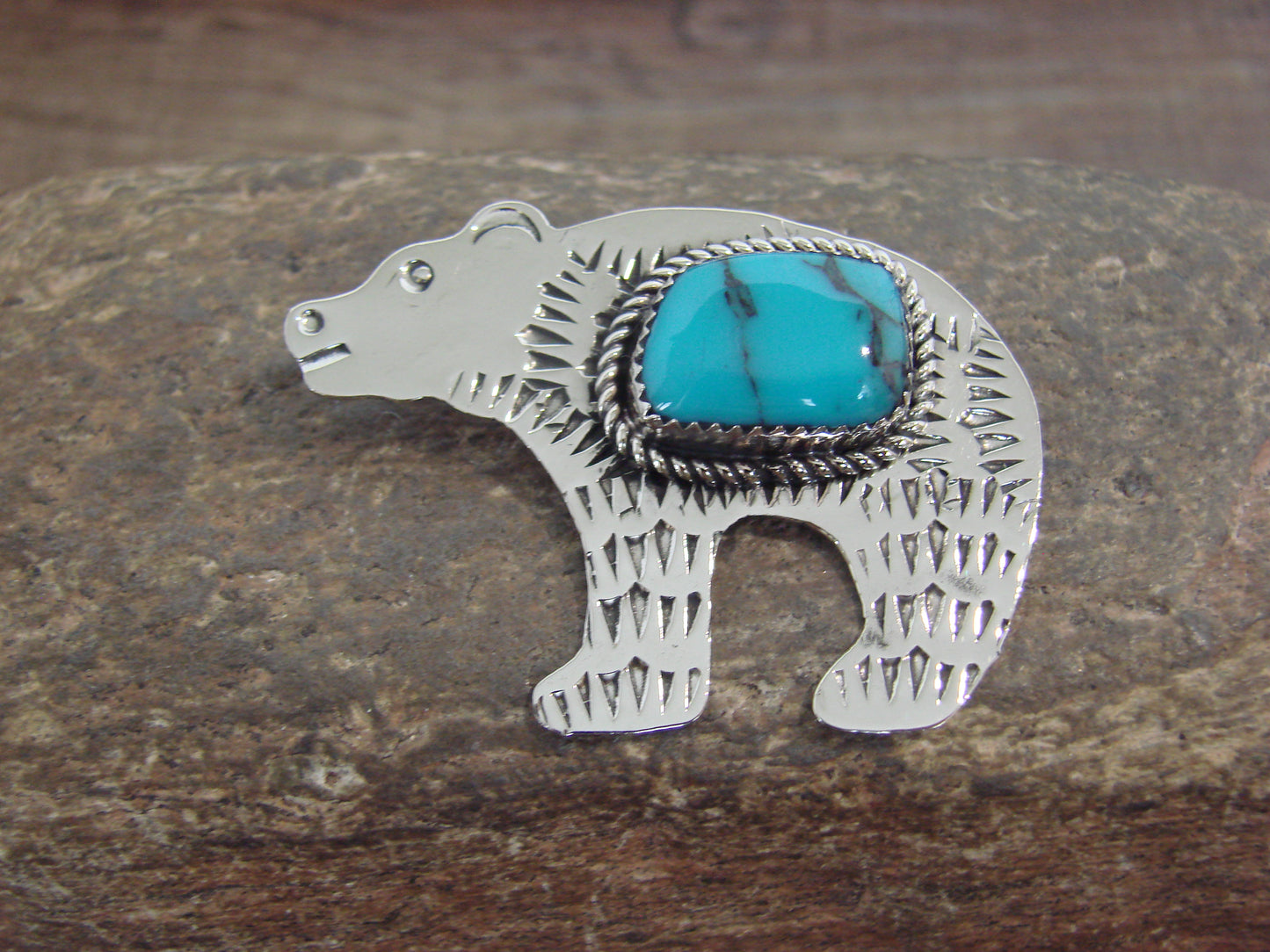 Native American Nickel Silver & Turquoise Bear Pendant - Cleveland