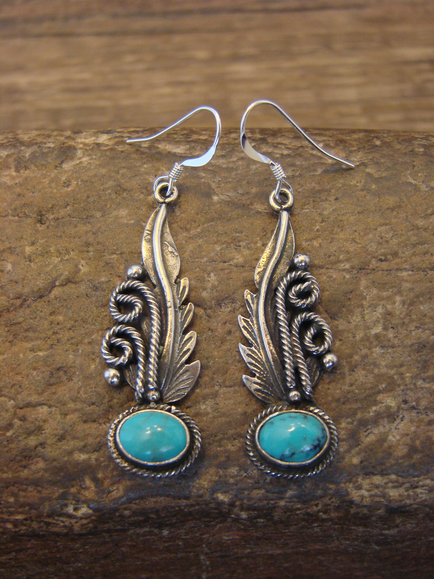 Native American Sterling Silver & Turquoise Feather Dangle Earrings by Francisco