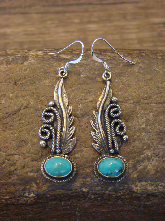Native American Sterling Silver & Turquoise Feather Dangle Earrings by Francisco