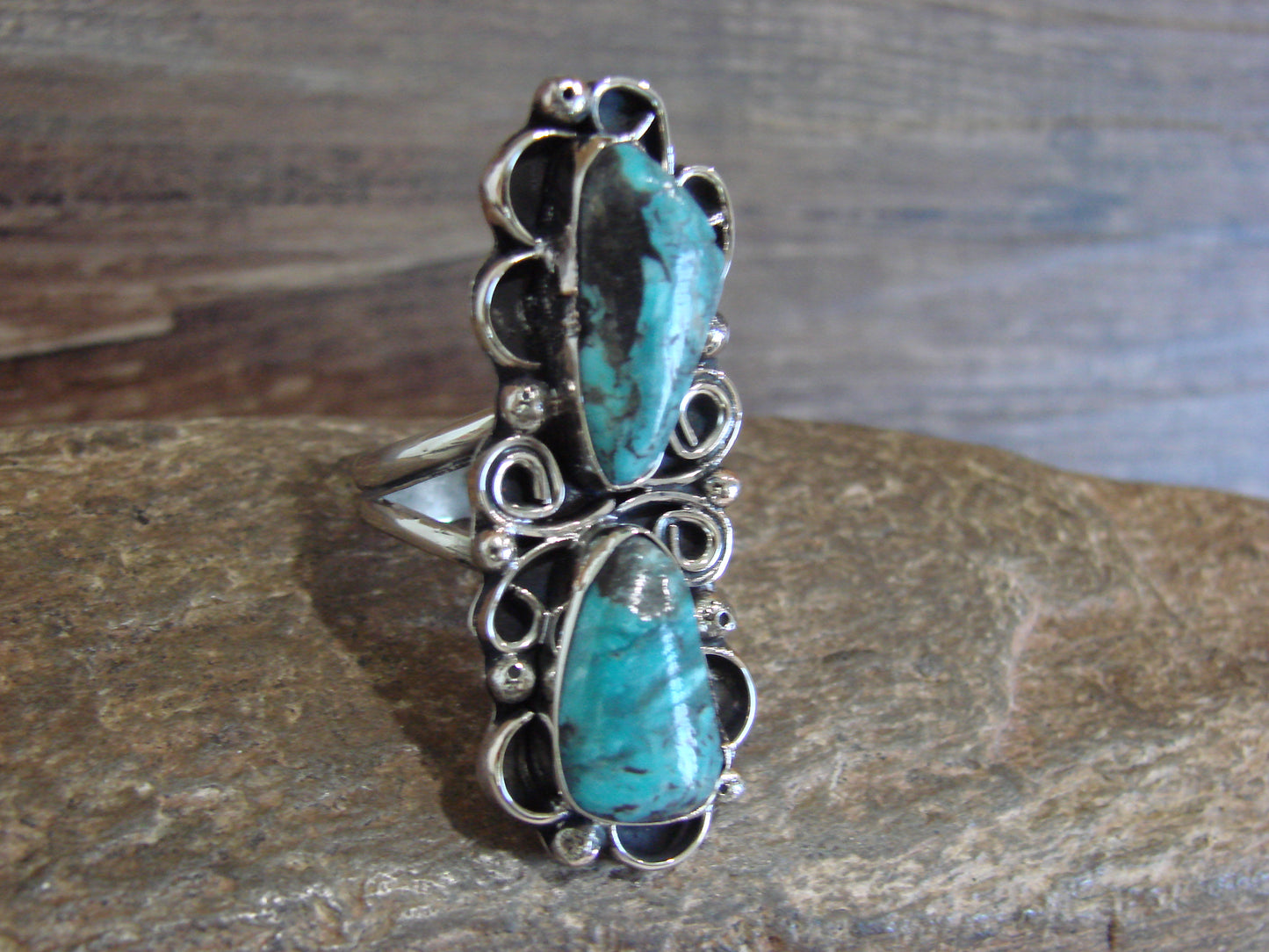 Native American Nickel Silver & Turquoise Ring by Cleveland - Size 11