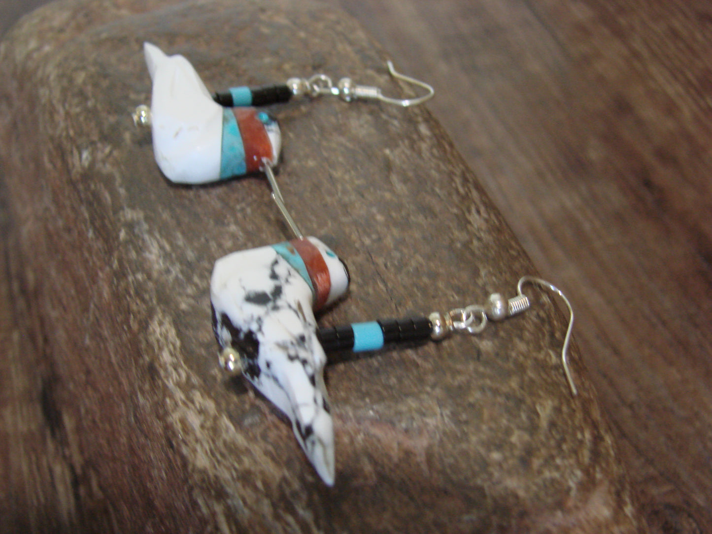 Hand Carved White Buffalo Turquoise Hummingbird Fetish Earrings by Mitchell