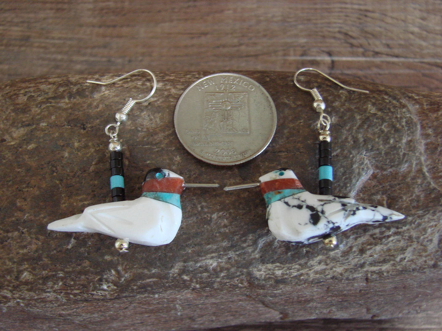 Hand Carved White Buffalo Turquoise Hummingbird Fetish Earrings by Mitchell