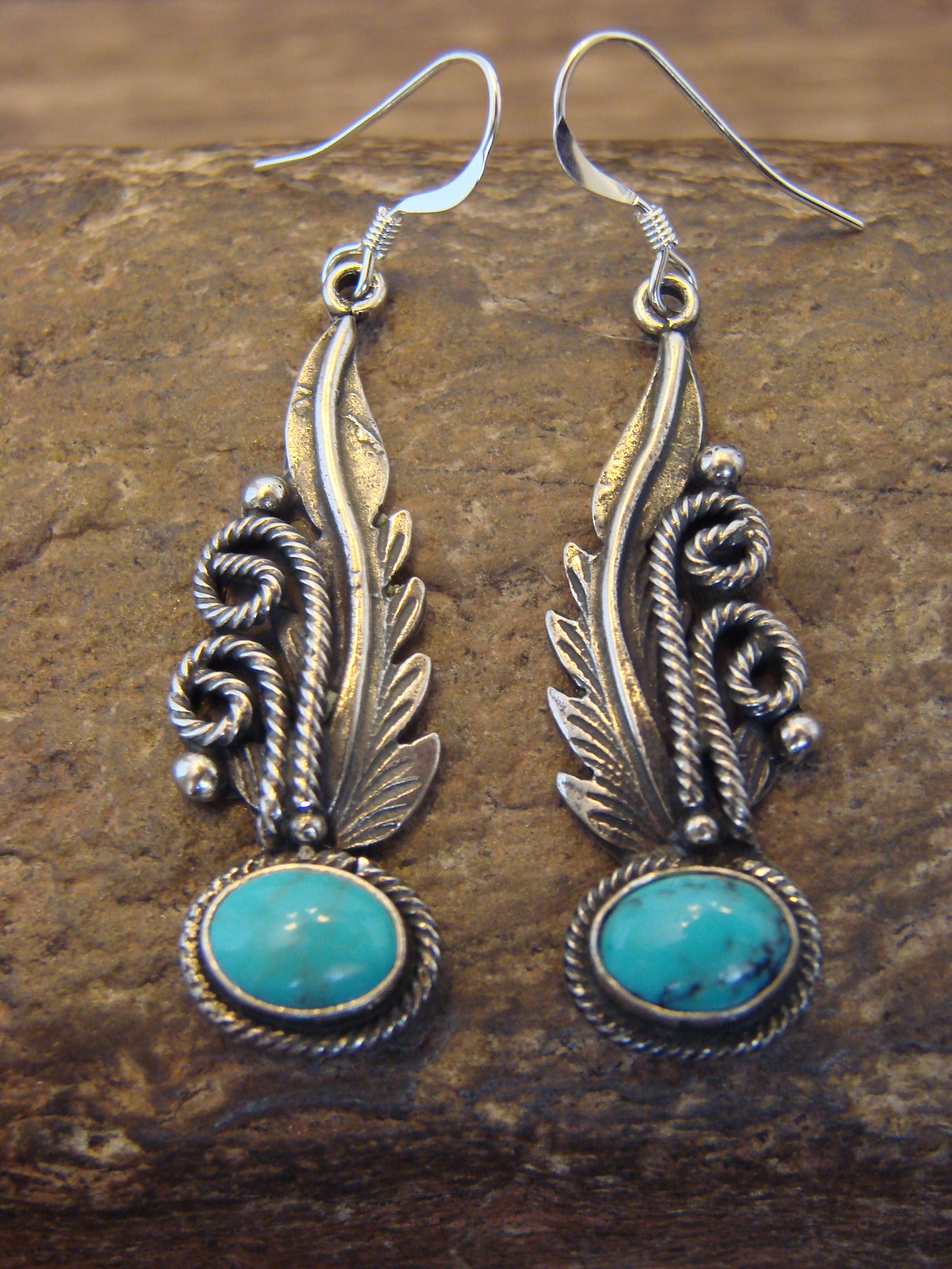 Native American Sterling Silver & Turquoise Feather Dangle Earrings by Francisco
