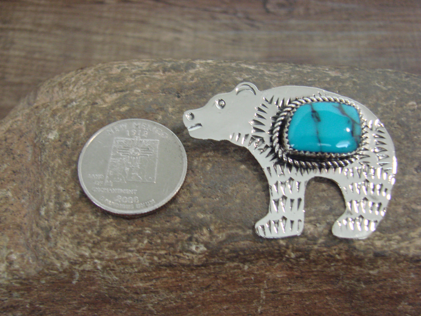 Native American Nickel Silver & Turquoise Bear Pendant - Cleveland
